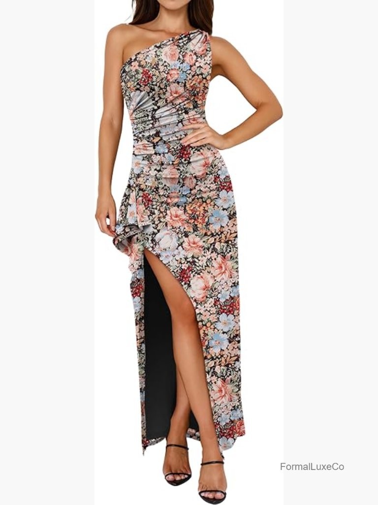 One Shoulder Floral Bodycon Maxi Dress High Split Formal Wedding Guest Prom